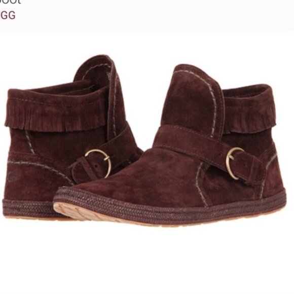 UGG Amely Dark Brown Suede Fringe Leather Moccasin Booties Size 8.5 - Picture 1 of 9